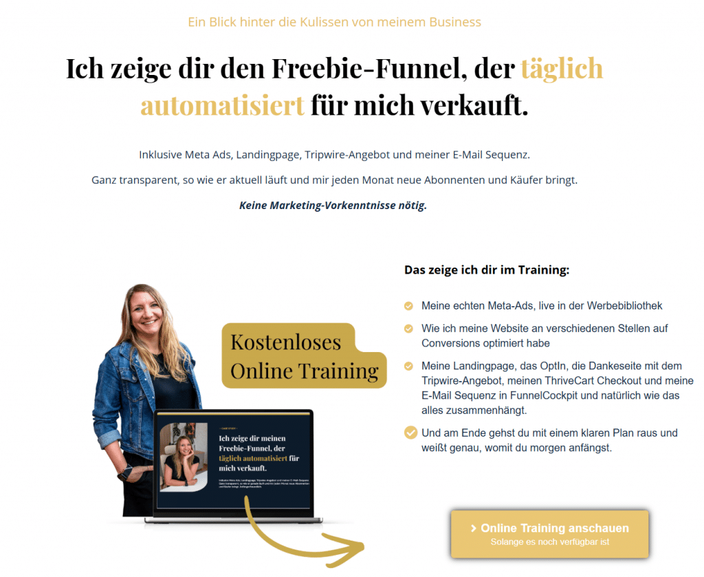 Einladung zum kostenlosen Online Training: Ich zeige dir den Freebie-Funnel, der täglich automatisiert für mich verkauft