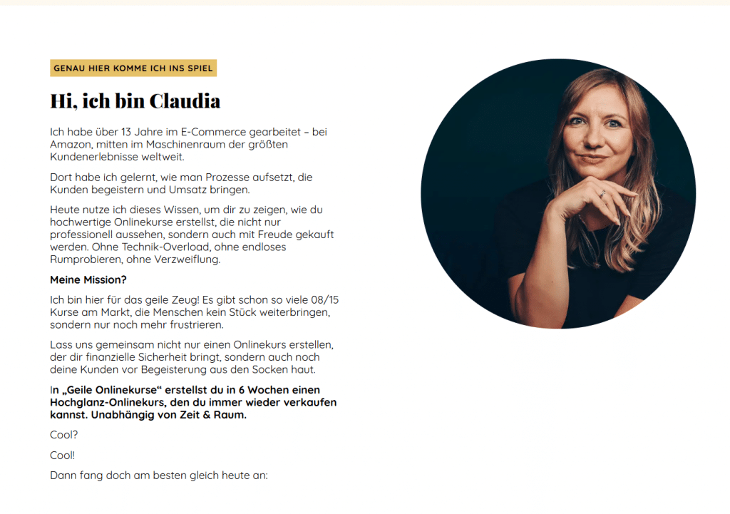 Salespage: Über dich Sektion. Erzähle warum du die Expertin bist.
