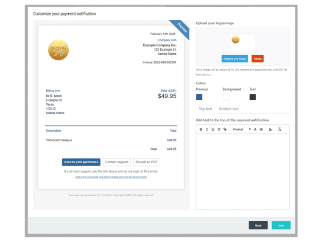 Thrivecart: Eigenes Logo auf der Rechnung hochladen