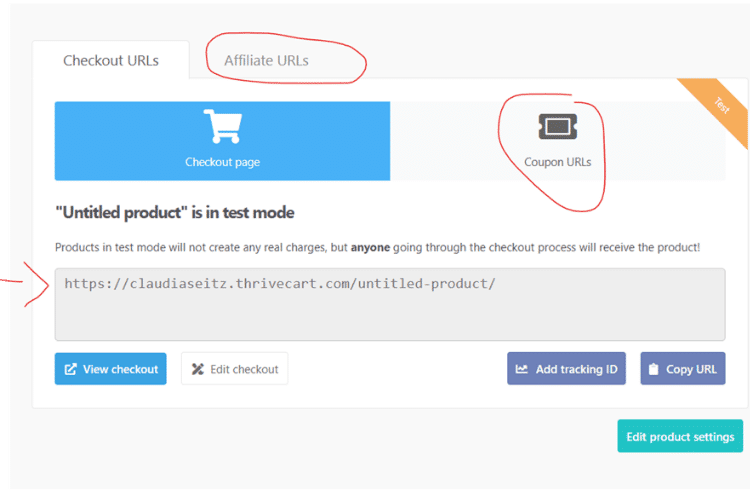 Hier bekommst du deine Produkt URL für dein Thrivecart Produkt
