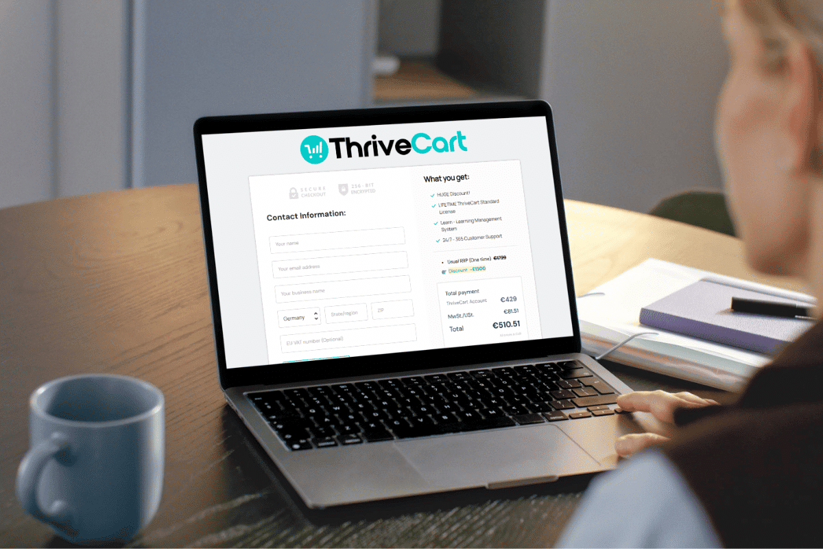 Screenshot der ThriveCart Website inklusive Kosten, Preise