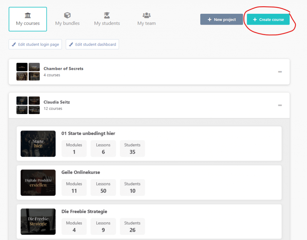 Neuer Kurs anlegen in ThriveCart Learn