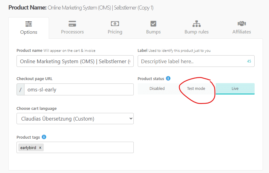 Test Mode auswählen in ThriveCart