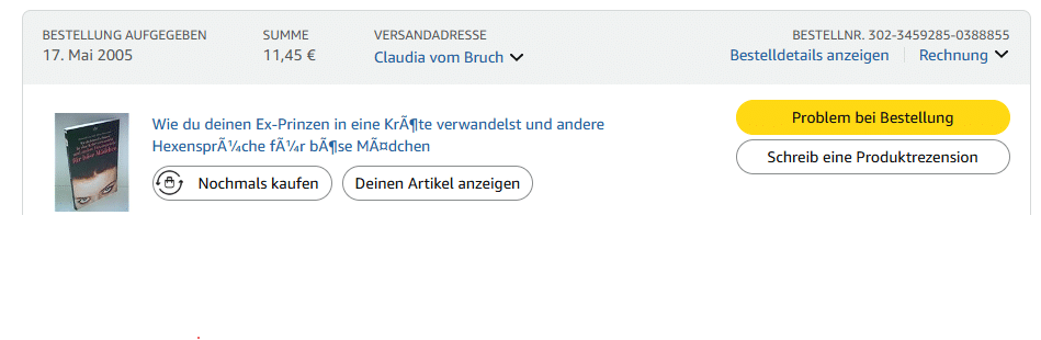 Screenshot von Amazon Bestellung, Buch "Wie du deinen Ex-Prinzen in eine Kröte verwandelst"