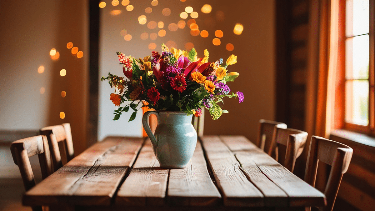 Mein großer Holztisch im Wohnzimmer, um den ich beim Newsletter-Schreiben laufe