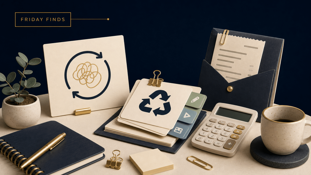 Beitragsbild zu den Friday Finds über Gedankenkarussell, Content-Recycling und Buchhaltung im Online Business