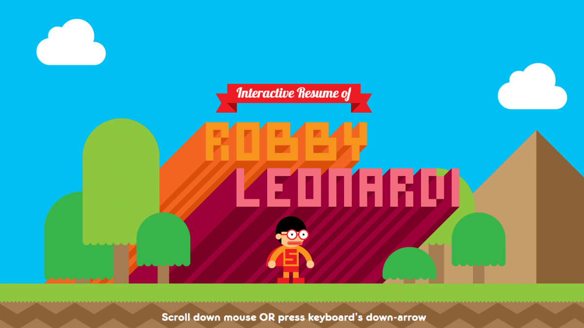 Screenshot des interaktiven Lebenslaufs von Robby Leonardi im Super-Mario-Jump-and-Run-Stil