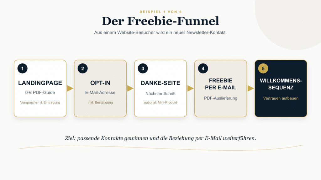 Beispielhafter Freebie-Funnel mit Landingpage für einen kostenlosen PDF-Guide, Opt-in und E-Mail-Bestätigung, Danke-Seite, Freebie-Auslieferung per E-Mail und Willkommenssequenz.
