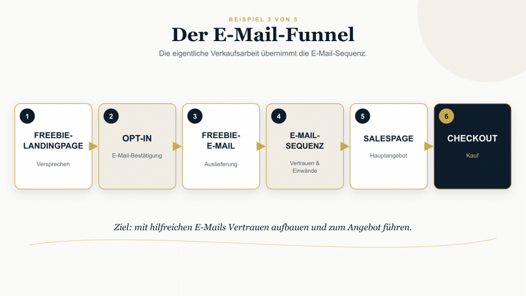 Beispielhafter E-Mail-Funnel mit Freebie-Landingpage, Opt-in und Bestätigung, Freebie-Auslieferung, E-Mail-Sequenz, Salespage für das Hauptangebot und Checkout.