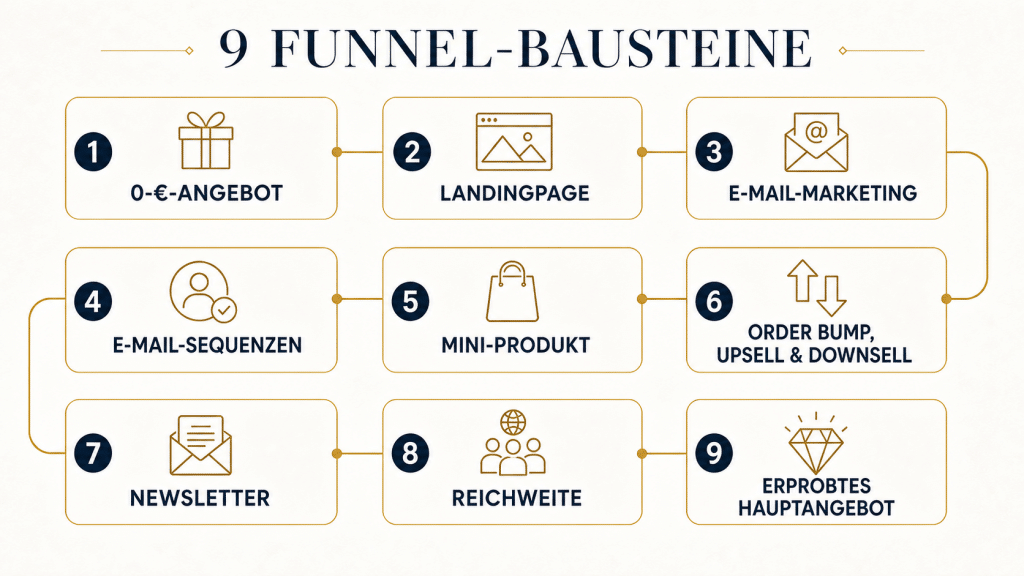 Übersicht der neun Bausteine eines Evergreen Funnels: 0-Euro-Angebot, Landingpage, E-Mail-Marketing, E-Mail-Sequenzen, Mini-Produkt, Order Bump, Upsell und Downsell, Newsletter, Reichweite und erprobtes Hauptangebot.