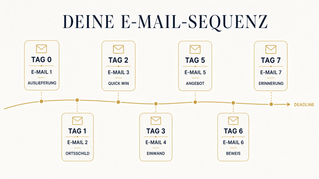 Beispielhafte E-Mail-Sequenz von Tag 0 bis Tag 7 mit Freebie-Auslieferung, Vorstellung, Quick Win, Einwandbehandlung, Angebot, Beweis und abschließender Erinnerung.