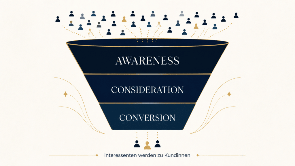 Marketing-Funnel mit den Phasen Awareness, Consideration und Conversion – vom ersten Kontakt bis zum Kauf.