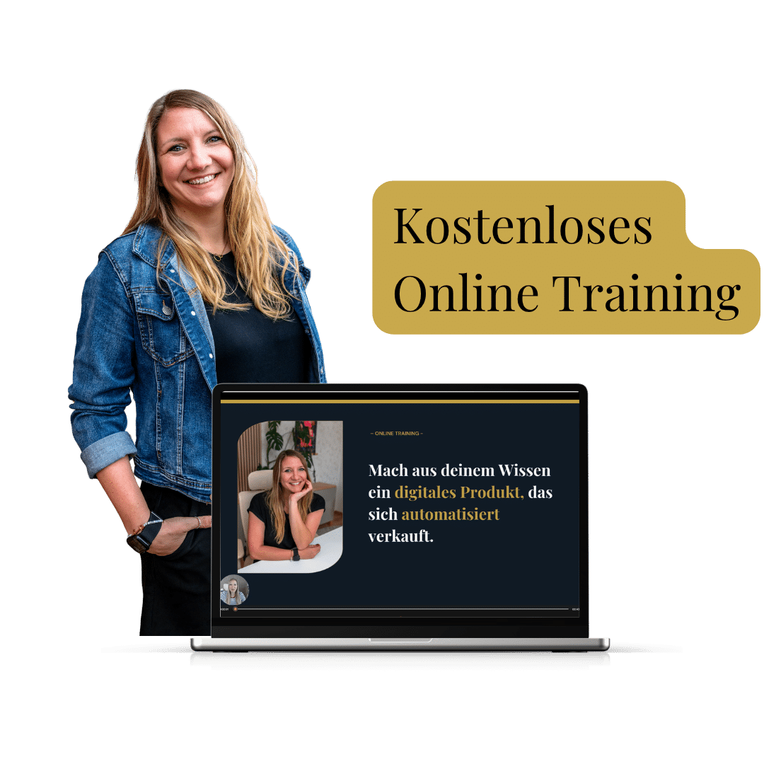 Claudia Seitz neben einem Laptop mit ihrem kostenlosen Online-Training