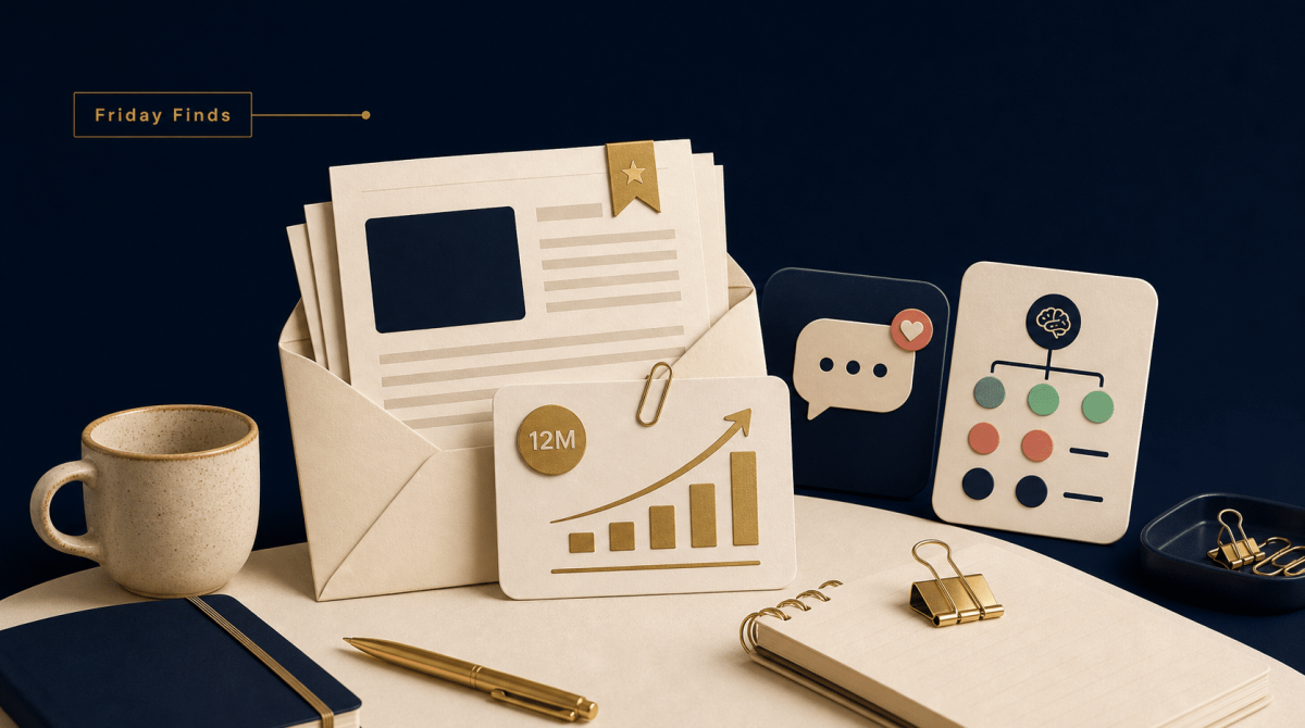 Beitragsbild zu den Friday Finds über KI, Kreativität, Marketing-Kampagnen und bessere Designprozesse